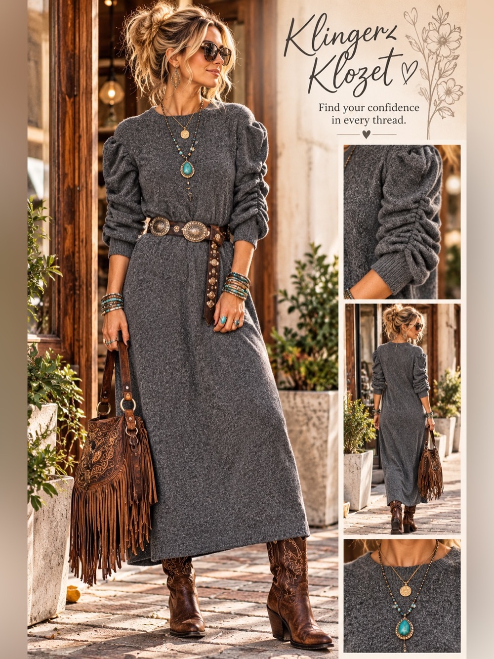 Nine West Charcoal Gray Ruched Sleeve Knit Midi Maxi Dress